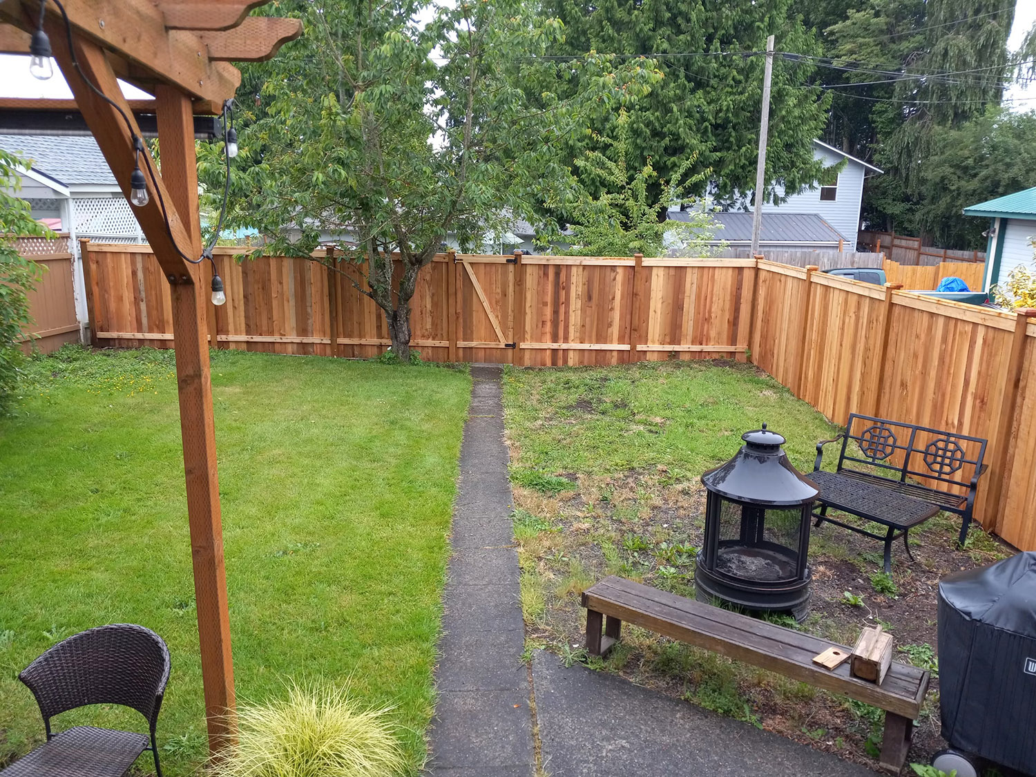 Photo of a backyard with weeds and a walkway.
