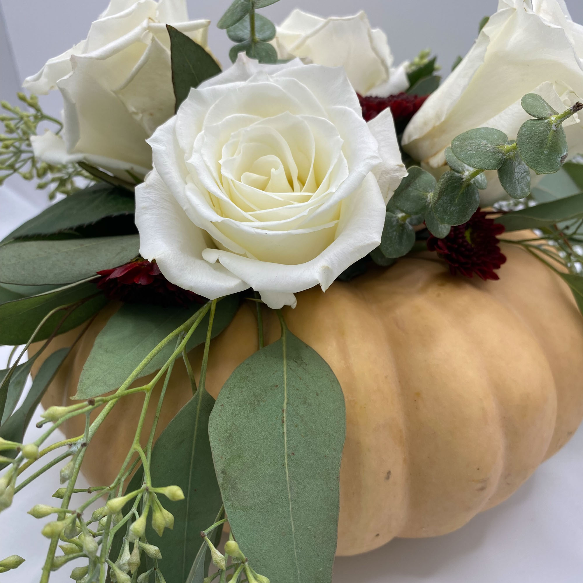 Floral arrangement in a tan pumpkin, with white roses and burgundy flowers.